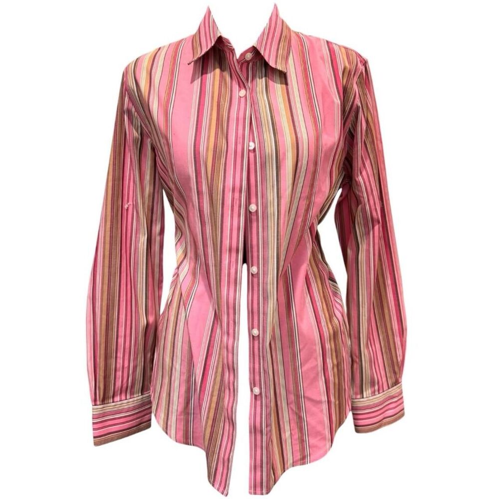 Jones New York pink, beige, and brown vertical striped button-up blouse size M